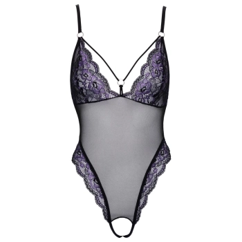 Cottelli LINGERIE - Seksowne Czarne Siateczkowe Body Z Fioletową Koronką S