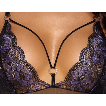 Cottelli LINGERIE - Seksowne Czarne Siateczkowe Body Z Fioletową Koronką S