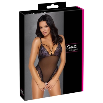 Cottelli LINGERIE - Seksowne Czarne Siateczkowe Body Z Fioletową Koronką M