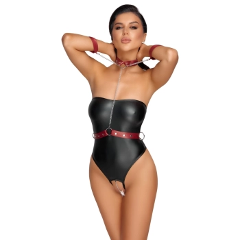 Cottelli Bondage - Gorące Czarne Body Z Czerwoną Obrożą I Mankietami M