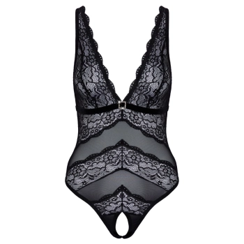 Cottelli LINGERIE - Elastyczne Czarne Body Bez Krocza Z Kwiatową Koronką L