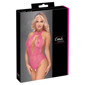 Cottelli LINGERIE - Różowe Koronkowe Body Z Otwartym Kroczem S/M