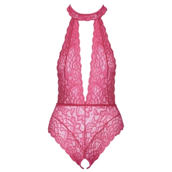 Cottelli LINGERIE - Różowe Koronkowe Body Z Otwartym Kroczem S/M