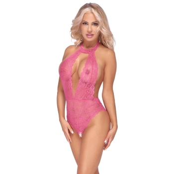 Cottelli LINGERIE - Różowe Koronkowe Body Z Otwartym Kroczem L/XL