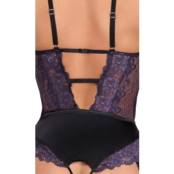 Cottelli LINGERIE - Body Z Fioletowej Koronki Z Paskami Do Pończoch Bez Krocza L