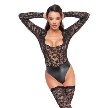 Noir - Seksowne Koronkowe Body Z Matowym Dołem Czarne M