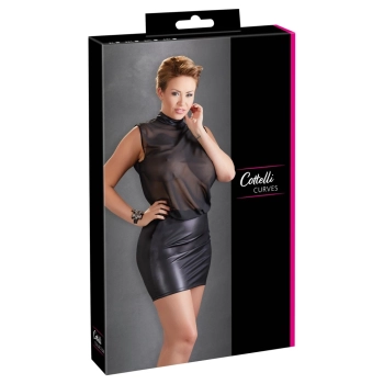 Cottelli CURVES - Seksowna Mini Sukienka Z Siateczką U Góry Czarna 4XL