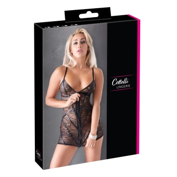 Cottelli LINGERIE - Seksowna Rozpinana Sukienka Z Kwiatowej Koronki Czarna L