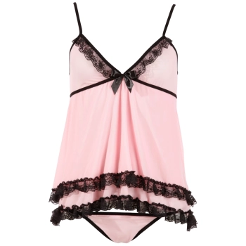 Cottelli LINGERIE - Seksowna Różowa Koszulka Nocna Z Koronką + Stringi M