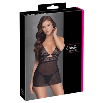 Cottelli LINGERIE - Seksowna Siateczkowa Halka Z Delikatną Koronką + Stringi XL