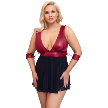 Cottelli Bondage - Seksowna Krótka Babydoll Z Mankietami Czerwono-Czarna XL