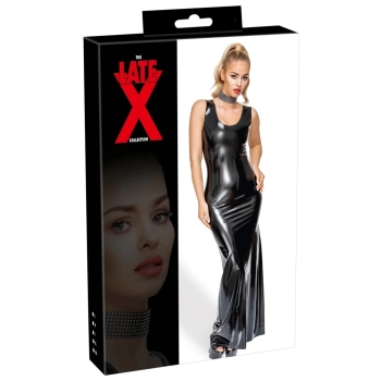 LATE X - Długa Seksowna Taliowana Sukienka Z Lateksu Czarna 2XL