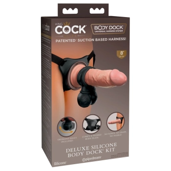 King Cock Elite - Uprząż Strap-On Z Realistycznym Dildo 20 CM Jasny Kolor Skóry + Pierścień Na Penisa Z Wahającymi Się Jądrami Czarny